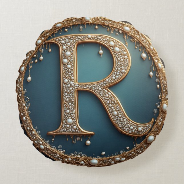 Gouden Monogram Initiaal Letter R Rond Kussen (Voorkant)