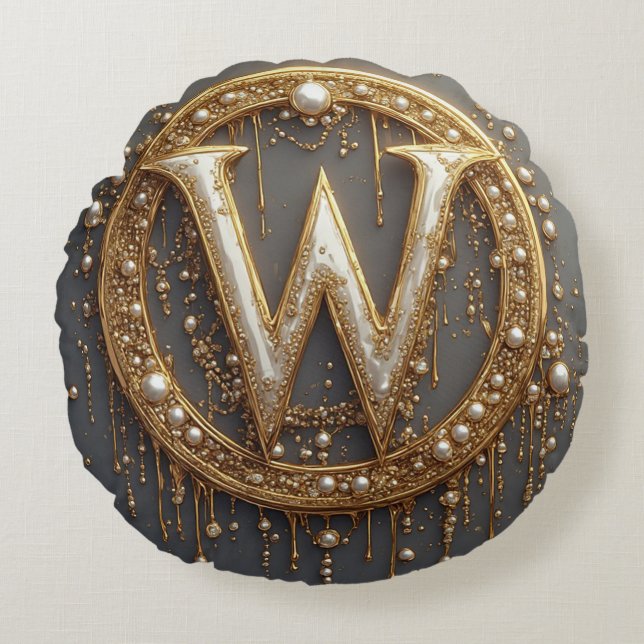 Gouden Monogram Initiaal Letter W Rond Kussen (Voorkant)