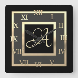 Gouden monogram initiaal lijst elke kleur Romeinse Vierkante Klok