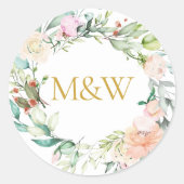 Gouden Monogram Initiaal Rozen Krans Bloem Ronde Sticker (Voorkant)