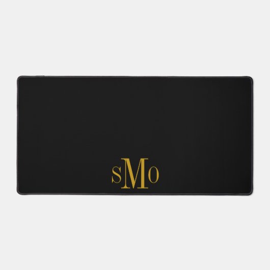 Gouden Monogram Initialen Faux Leather Zwart Bureaumat (Voorkant)