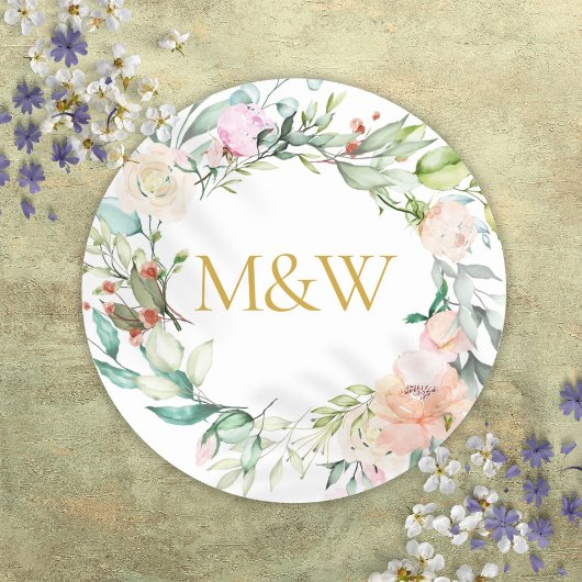 Gouden Monogram Initialen Rozen Garland Floral Ronde Sticker