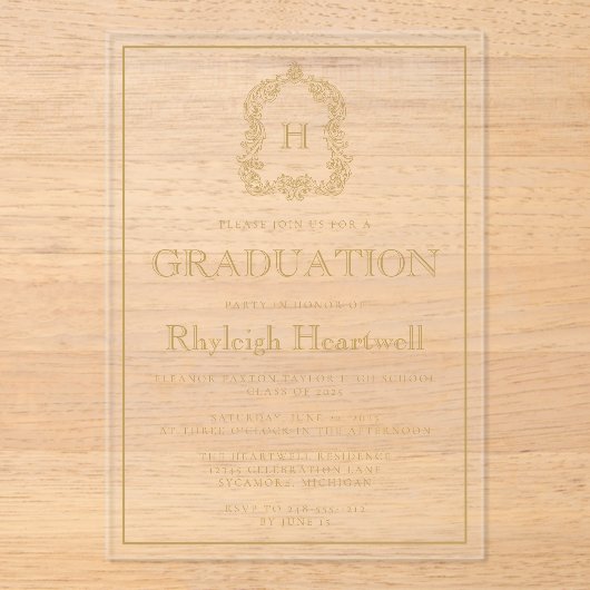 Gouden Monogram Kreeft Afstudeerfeest Acryl Uitnodigingen (Voorkant)