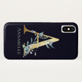 Gouden monogram letter A Blauwe bloemrijke aangepa Case-Mate iPhone Case (Achterkant (horizontaal))