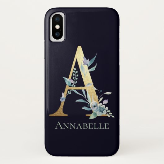 Gouden monogram letter A Blauwe bloemrijke aangepa Case-Mate iPhone Case (Achterkant)