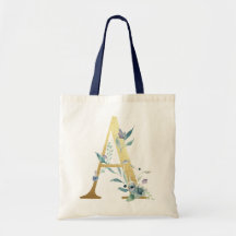 Gouden Monogram Letter A Blauwe Waterverf Bloemen
