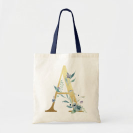 Gouden Monogram Letter A Blauwe Waterverf Bloemen Tote Bag