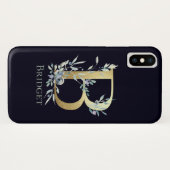 Gouden Monogram Letter B Navy Blauwe Bloem Naam Case-Mate iPhone Case (Achterkant (horizontaal))