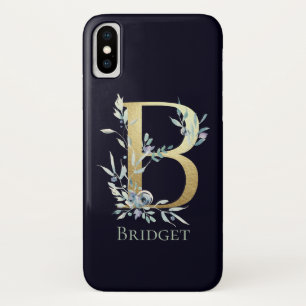 Gouden Monogram Letter B Navy Blauwe Bloem Naam Case-Mate iPhone Case