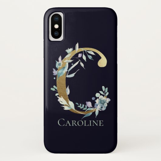Gouden Monogram Letter C Navy Blauwe Bloem Naam Case-Mate iPhone Case (Achterkant)