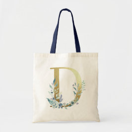 Gouden Monogram Letter D Blauwe Aquarel Bloemen Tote Bag