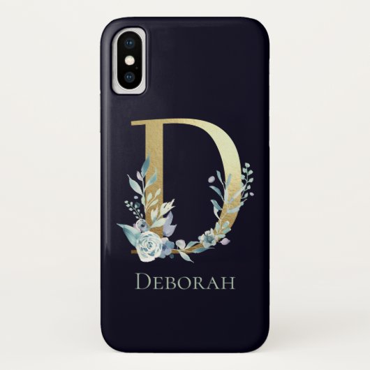 Gouden Monogram Letter D Navy Blauwe Bloem Naam Case-Mate iPhone Case (Achterkant)