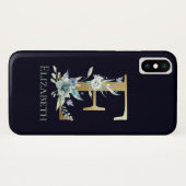 Gouden Monogram Letter E Blauwe Roos Bloem Naam Case-Mate iPhone Case (Achterkant (horizontaal))