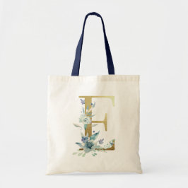 Gouden Monogram Letter E Blauwe Waterverf Bloemen Tote Bag