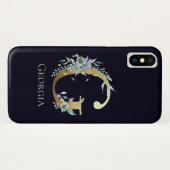 Gouden Monogram Letter E Navy Blauwe Bloem Naam Case-Mate iPhone Case (Achterkant (horizontaal))
