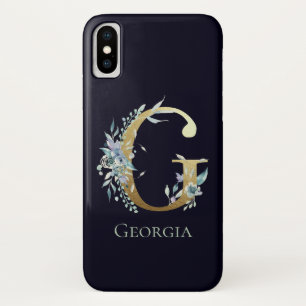 Gouden Monogram Letter E Navy Blauwe Bloem Naam Case-Mate iPhone Case