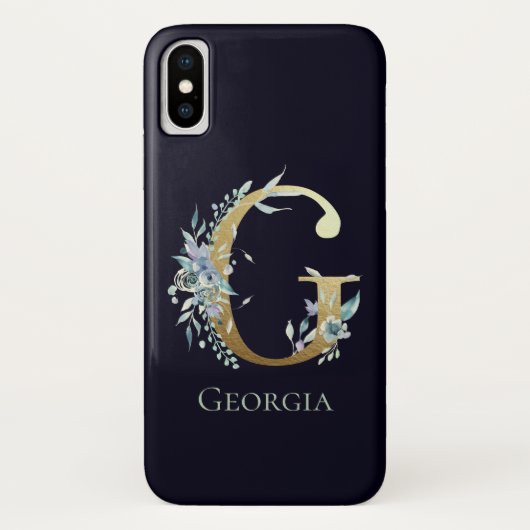Gouden Monogram Letter E Navy Blauwe Bloem Naam Case-Mate iPhone Case (Achterkant)