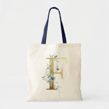 Gouden Monogram Letter F Blauwe Waterverf Bloemen