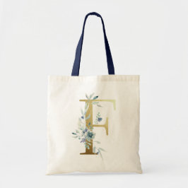 Gouden Monogram Letter F Blauwe Waterverf Bloemen Tote Bag