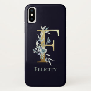 Gouden Monogram Letter F Donkerblauwe Bloem Naam Case-Mate iPhone Case