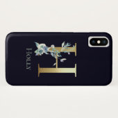 Gouden Monogram Letter H Navy Blauwe Bloem Naam Case-Mate iPhone Case (Achterkant (horizontaal))
