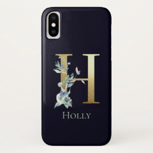 Gouden Monogram Letter H Navy Blauwe Bloem Naam Case-Mate iPhone Case