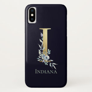 Gouden Monogram Letter I Navy Blauwe Bloem Naam Case-Mate iPhone Case