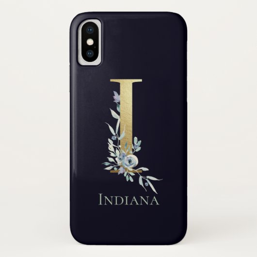 Gouden Monogram Letter I Navy Blauwe Bloem Naam Case-Mate iPhone Case (Achterkant)