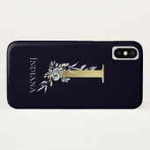 Gouden Monogram Letter I Navy Blue Floral Name Case-Mate iPhone Case (Achterkant (horizontaal))