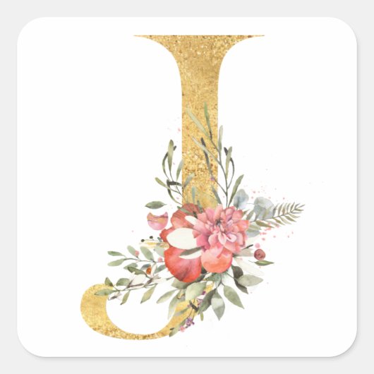 Gouden MONOGRAM letter J met bloemen Vierkante Sticker (Voorkant)
