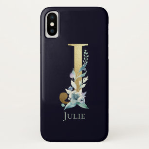 Gouden Monogram Letter J Navy Blauwe Bloem Naam Case-Mate iPhone Case