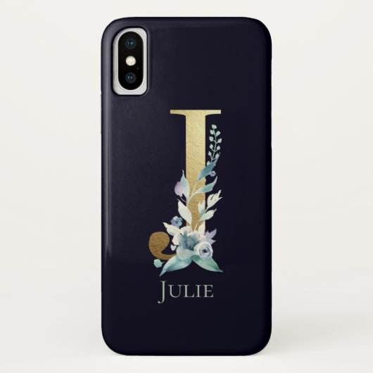 Gouden Monogram Letter J Navy Blauwe Bloem Naam Case-Mate iPhone Case (Achterkant)