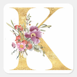 Gouden MONOGRAM letter K met bloemen Vierkante Sticker