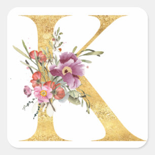 Gouden MONOGRAM letter K met bloemen Vierkante Sticker