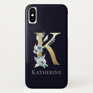 Gouden Monogram Letter K Navy Blauwe Bloem Naam Case-Mate iPhone Case