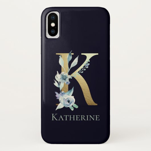 Gouden Monogram Letter K Navy Blauwe Bloem Naam Case-Mate iPhone Case (Achterkant)