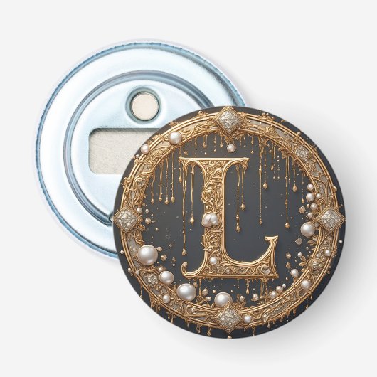 🌸 Gouden Monogram Letter L Elegante Huisstijl 🌸 Button Flesopener (Voorkant)