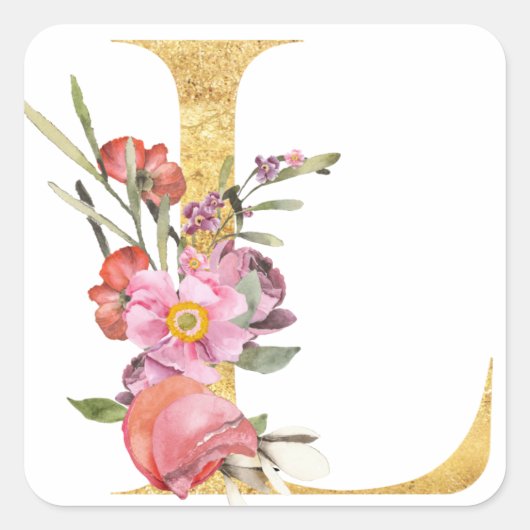 Gouden MONOGRAM letter L met bloem Vierkante Sticker (Voorkant)