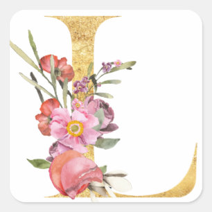 Gouden MONOGRAM letter L met bloem Vierkante Sticker