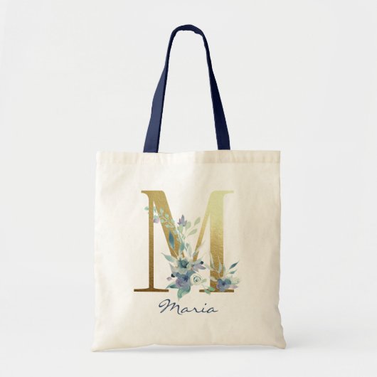 Gouden Monogram Letter M Blauwe Naam Bloemendecor Tote Bag (Voorkant)