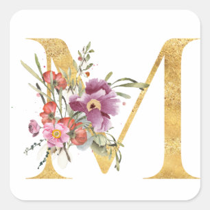 Gouden MONOGRAM letter M met bloem Vierkante Sticker