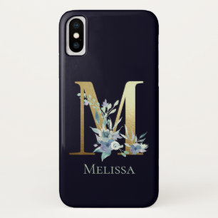 Gouden Monogram Letter M Navy Blauwe Bloem Naam Case-Mate iPhone Case