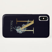 Gouden Monogram Letter N Marineblauwe Bloem Naam Case-Mate iPhone Case (Achterkant (horizontaal))