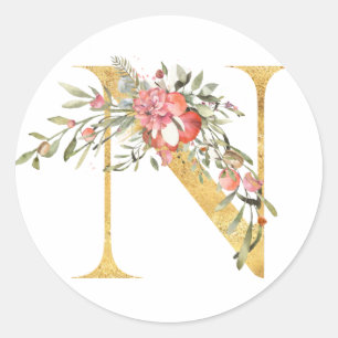 Gouden MONOGRAM letter N met bloem Ronde Sticker