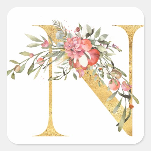 Gouden MONOGRAM letter N met bloem Vierkante Sticker (Voorkant)