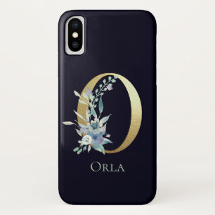 Gouden Monogram Letter O Navy Blauwe Bloem Naam Case-Mate iPhone Case