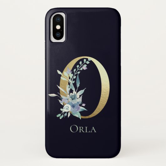 Gouden Monogram Letter O Navy Blauwe Bloem Naam Case-Mate iPhone Case (Achterkant)