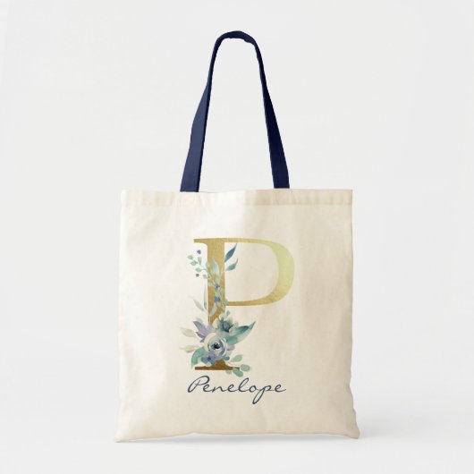 Gouden Monogram Letter P Blauwe Naam Bloemendecor Tote Bag (Voorkant)