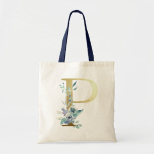 Gouden Monogram Letter P Blauwe Waterverf Bloemen Tote Bag