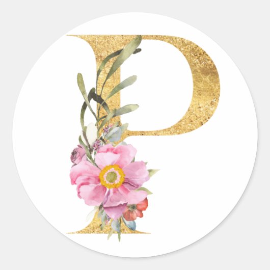 Gouden MONOGRAM letter P met bloem Ronde Sticker (Voorkant)